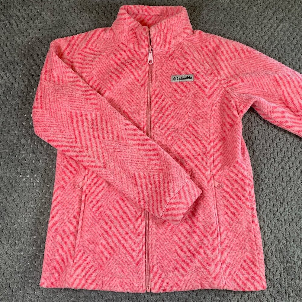 Columbia Youth Girls Benton Springs Fleece‎ Zip Jacket L (14/16) Pink Chevron